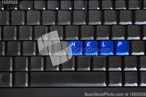 Image of blank computer keyboard with blue keys HELP