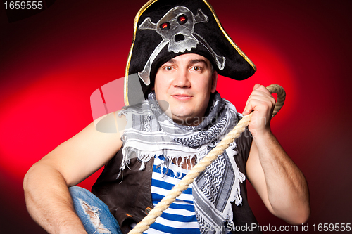 Image of pirate with a cocked hat and a rope