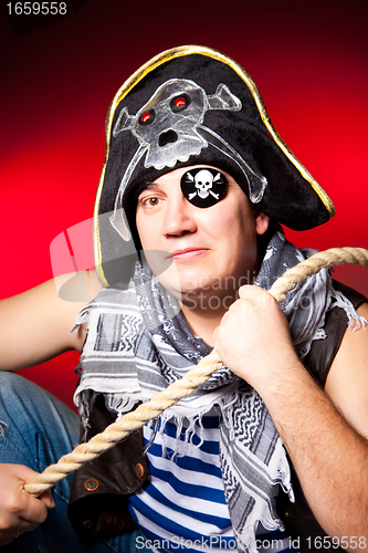 Image of one-eyed pirate with a cocked hat and a rope