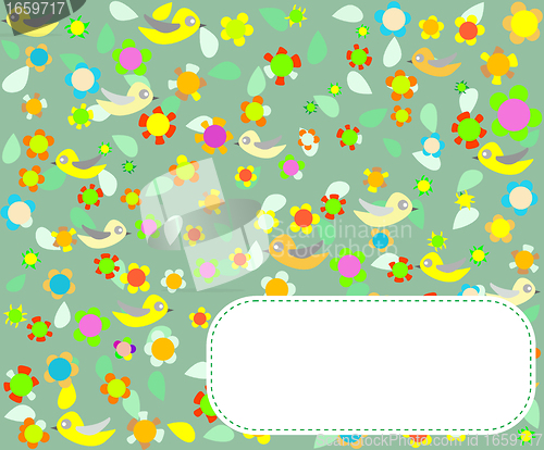 Image of greeting card design with bird and flower background