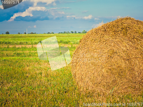 Image of harvested field with straw bales in summer