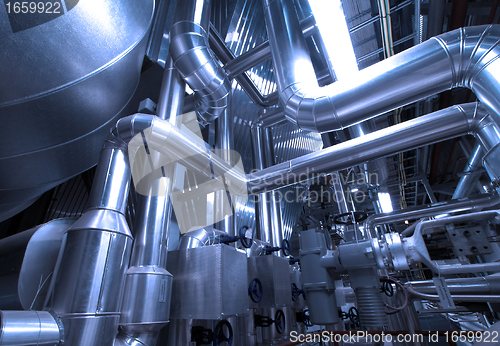 Image of Industrial zone, Steel pipelines and cables in blue tones