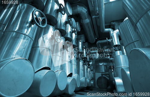 Image of Industrial zone, Steel pipelines and cables in blue tones