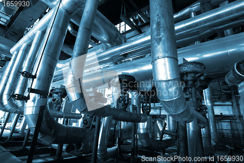 Image of Industrial zone, Steel pipelines and cables in blue tones