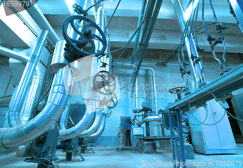 Image of Industrial zone, Steel pipelines and cables in blue tones