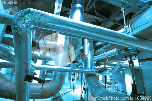 Image of Industrial zone, Steel pipelines and cables in blue tones