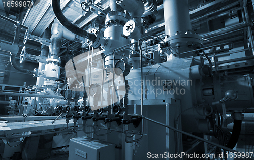 Image of Industrial zone, Steel pipelines and cables in blue tones