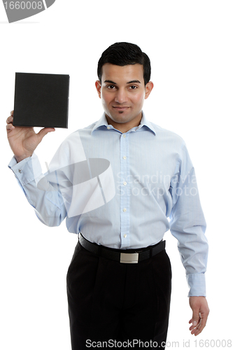 Image of Businessman holding a product
