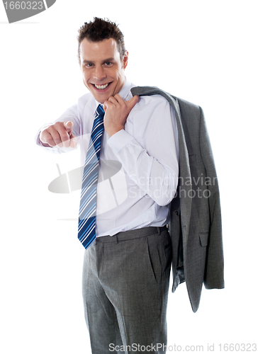 Image of Smiling manager pointing at you. Coat on his shoulders