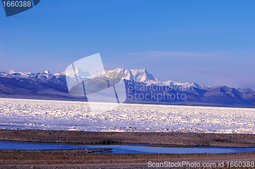 Image of Landscape of snow-capped mountains and lake