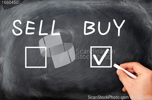 Image of Buy or sell check boxes written on a blackboard