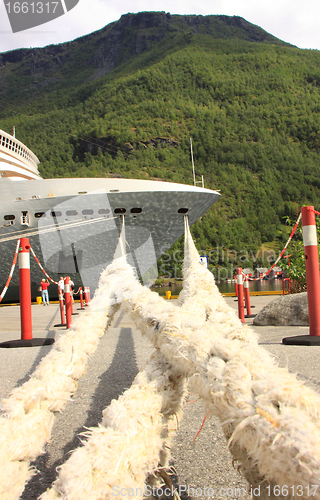 Image of cruise ship in the port of Flaam, Aurlandsfjord Sognefjord