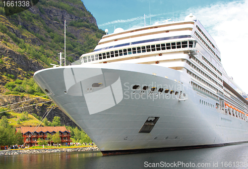 Image of cruise ship in the port of Flaam, Aurlandsfjord Sognefjord