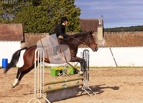 Image of pretty young woman rider in a competition riding