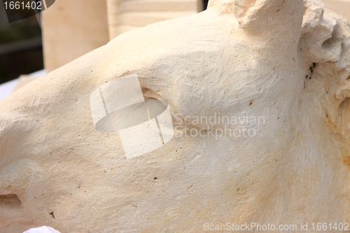 Image of close-up of a horse's head carved in stone