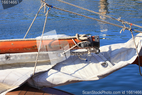 Image of details of an old fishing boat sailing out of wood