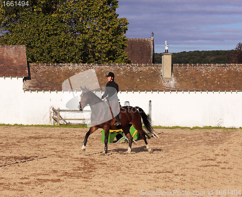 Image of pretty young woman rider in a competition riding