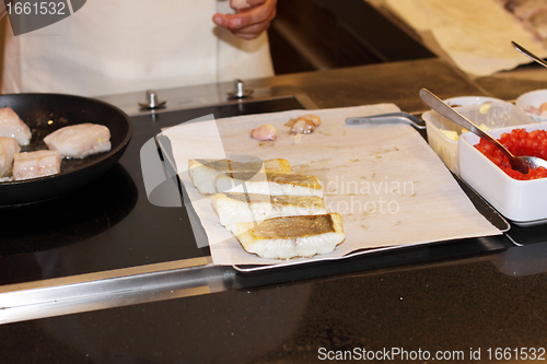 Image of preparation of paving stones pollack grilled baby vegetables