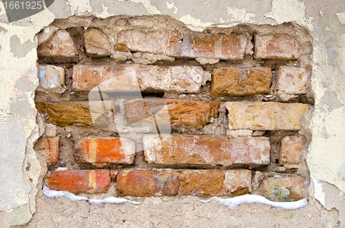 Image of background of dirty old crumbling brick wall 