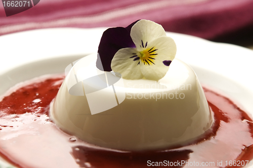 Image of Vanilla panna cotta with berry sauce and spring flower