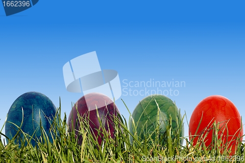 Image of Four easter eggs in a meadow