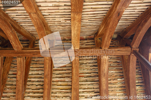 Image of structural wood roof of the entrance of an old church