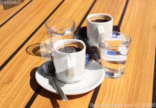 Image of cups of coffee with a glass of water