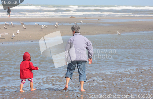 Image of Grandmother and granddaughter walking on the beach with feet in water