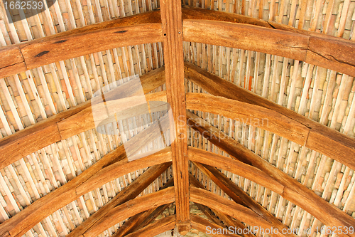 Image of structural wood roof of the entrance of an old church