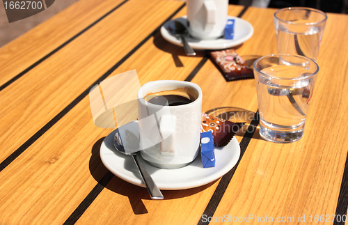 Image of cups of coffee with a glass of water