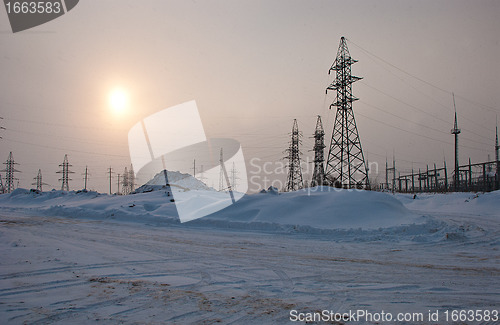 Image of Power High-Voltage Transmission Towers in Winter