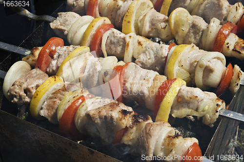 Image of Raw shashlik on a skewer