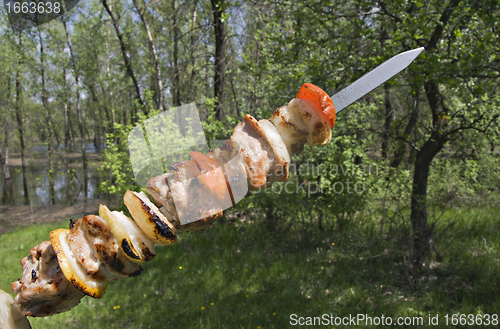 Image of Raw shashlik on a skewer