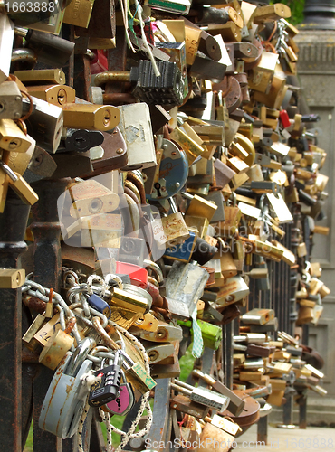 Image of steel padlock on brige rail