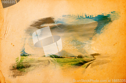 Image of Landscape splashed on old grunge paper