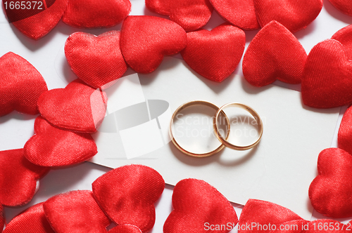 Image of Wedding rings in hearts environment