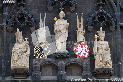 Image of Prague. Figures on Staromestska vez - Old city tower