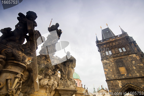 Image of Statues on Charles Bridge and Bridge Tower. Prague