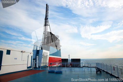 Image of Ship deck view, ocean in a sunny day