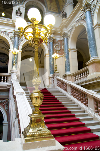 Image of Red carpet on stairs. National Museum in Prague