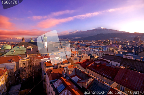 Image of Alpine town in sunset