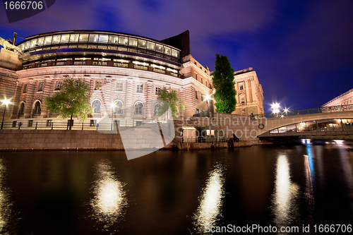 Image of Parliament building in Stockholm, Sweden at night