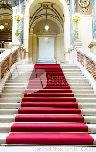 Image of Red carpet on stairs. National Museum in Prague