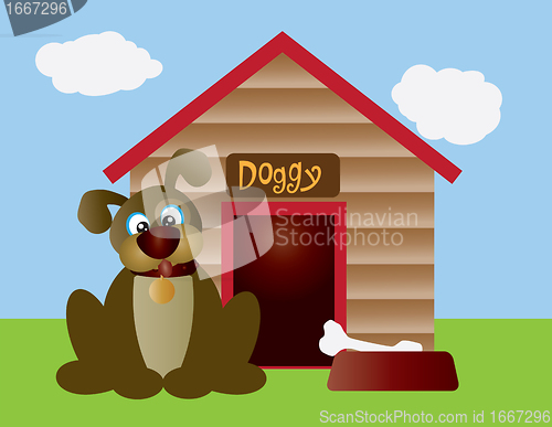 Image of Cute Puppy Dog with Dog House Illustration