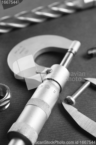 Image of Details, drills and measuring tools, a close up