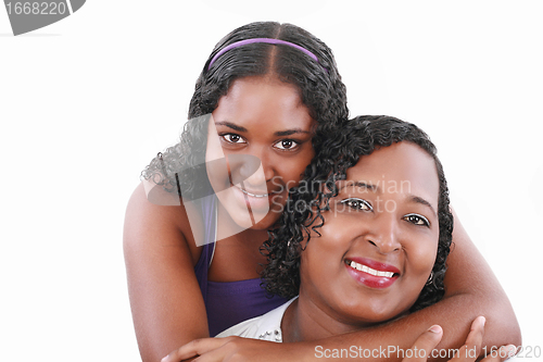 Image of African American mother and daughter isolated on white 