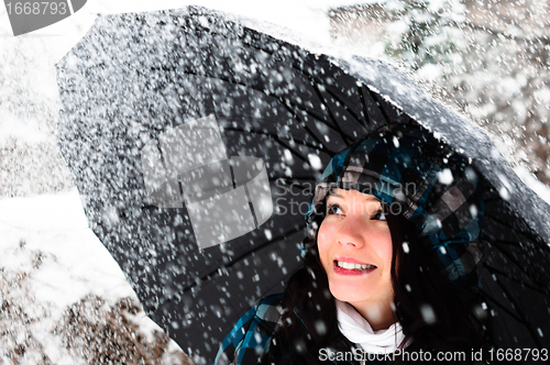Image of Young woman with umbrella in a blizzard