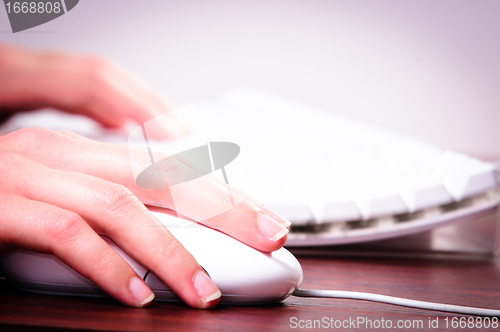 Image of Hands of a woman using mouse and keyboard