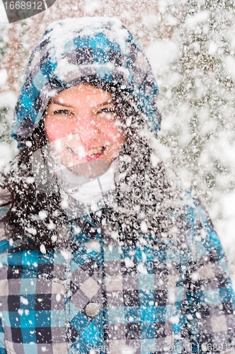 Image of Out of focus picture of a woman with a lot of snowflakes