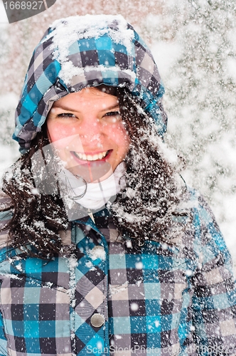 Image of Out of focus picture of a woman with a lot of snowflakes